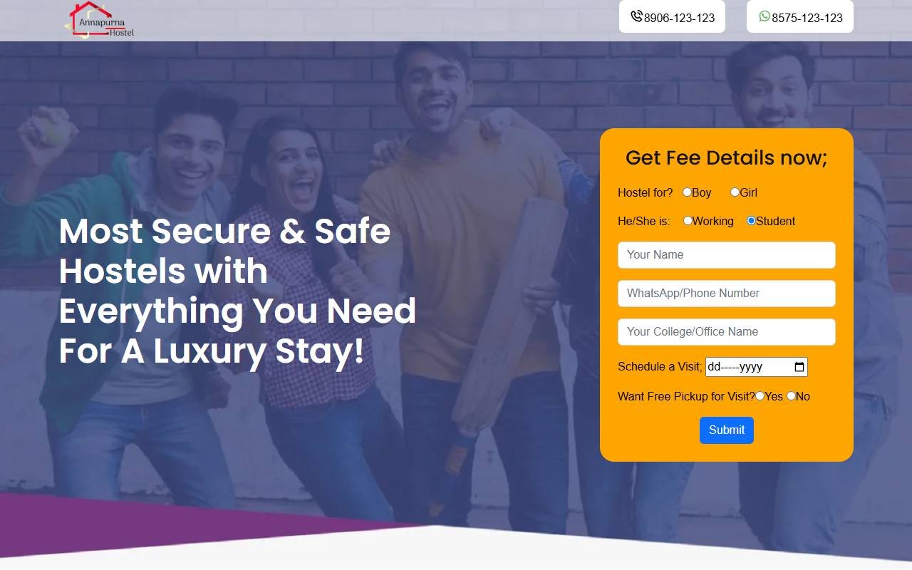 Annapurna Hostels website by Techavinya